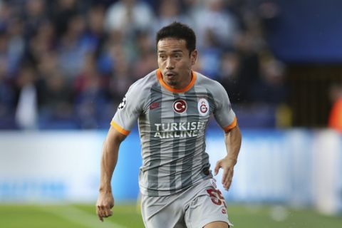 Galatasaray's Yuto Nagatomo runs with the ball during the Champions League group A soccer match between Club Brugge and Galatasaray at the Jan Breydel stadium in Bruges, Belgium, Wednesday, Sept. 18, 2019. (AP Photo/Francisco Seco)