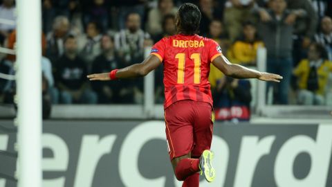 Galatasaray's forward Didier Drogba celebrates after scoring during the group B Champions League football match Juventus vs Galatasaray, on October 2, 2013 in Juventus Stadium. AFP PHOTO / OLIVIER MORIN        (Photo credit should read OLIVIER MORIN/AFP/Getty Images)