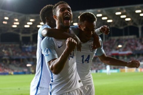 KIELCE, POLAND - JUNE 22: Jacob Murphy, right, of England celebrates with team-mates Demarai Gray, left, and Lewis Baker after scoring his side's second goal during their UEFA European Under-21 Championship 2017 match between England and Poland on June 22, 2017 in Kielce, Poland. (Photo by Cody Glenn - UEFA/UEFA via Getty Images)