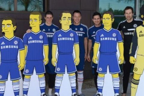 Chelsea's Eden Hazard, Fernando Torres, John Terry, Frank Lampard, Petr Cech with his Simpson character from the Simpsons show at the Cobham Training Ground