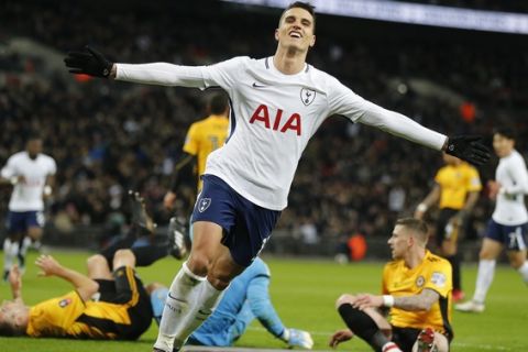 Tottenham's Erik Lamela celebrates after scoring his side's second goal during the English FA Cup fourth round replay soccer match between Tottenham Hotspur and Newport County at Wembley Stadium in London, Wednesday, Feb. 7, 2018.(AP Photo/Frank Augstein)