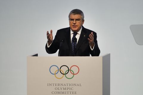 IOC President Thomas Bach speaks during the opening ceremony of the 132nd IOC session ahead of the 2018 Winter Olympics in Gangneung, South Korea, Monday, Feb. 5, 2018. (AP Photo/Jae C. Hong)