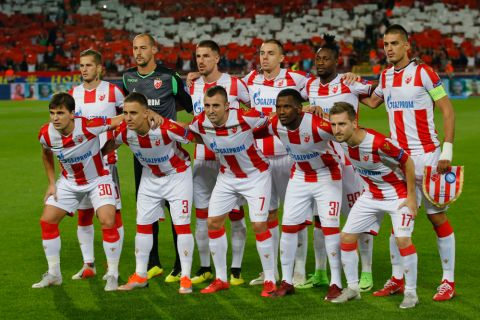 Red Star's players pose for a team picture before the Champions League group C soccer match between Red Star and Napoli, in Belgrade, Serbia, Tuesday, Sept. 18, 2018. (AP Photo/Darko Vojinovic)