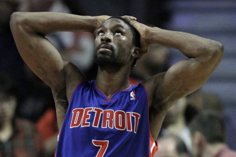 Detroit Pistons' Ben Gordon reacts as he looks at a scoreboard during the fourth quarter of an NBA basketball game against the Chicago Bulls in Chicago, Saturday, Oct. 30, 2010. The Bulls won 101-91. (AP Photo/Nam Y. Huh)