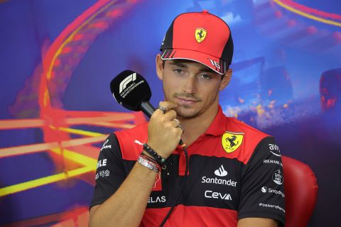 Ferrari driver Charles Leclerc of Monaco speaks during a media conference ahead of the Formula One Grand Prix at the Spa-Francorchamps racetrack in Spa, Belgium, Thursday, Aug. 25, 2022. The Belgian Formula One Grand Prix will take place on Sunday. (AP Photo/Olivier Matthys)
