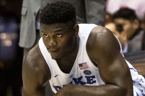 Duke's Zion Williamson waits to enter the game during the second half of an NCAA college basketball game against Hartford in Durham, N.C., Wednesday, Dec. 5, 2018. (AP Photo/Ben McKeown)