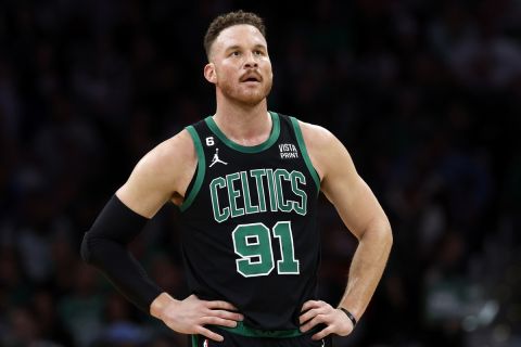 Boston Celtics' Blake Griffin plays against the Toronto Raptors during the first half of an NBA basketball game, Friday, April 7, 2023, in Boston. (AP Photo/Michael Dwyer)