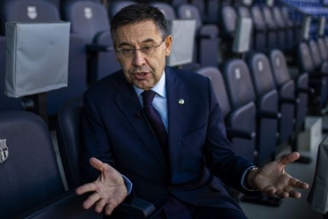 In this Friday, Nov. 8, 2019, photo, President of FC Barcelona Josep Bartomeu speaks during and interview with the Associated Press at the Camp Nou stadium in Barcelona, Spain. Bartomeu told The Associated Press on Friday that "we are preparing this post Messi era." (AP Photo/Emilio Morenatti)