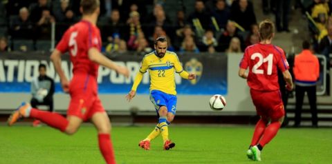 STOCKHOLM, SWEDEN - OCTOBER 12:  Erkan Zengin of Sweden scores his sides second goal during the UEFA EURO 2016 Qualifying match between Sweden and Moldova at the National Stadium Friends Arena on October 12, 2015 in Stockholm, Sweden. (Photo by Stephen Pond/Getty Images)