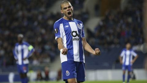 Porto's Pepe gestures during the Europa League group G soccer match between FC Porto and Rangers FC at the Dragao stadium in Porto, Portugal, Thursday, Oct. 24, 2019. (AP Photo/Luis Vieira)