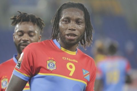 Congo's, Dieumerci Mbokani celebrates after they won their match against Morocco during their African Cup of Nations Group C soccer match between Congo and Morocco at the Stade de Oyem in Gabon Monday Jan. 16, 2017. (AP Photo/Sunday Alamba)