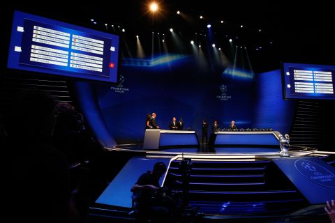 General view of the draw of the UEFA Champions League, at the Grimaldi Forum, in Monaco, Thursday, Aug. 27, 2015. (AP Photo/Claude Paris)