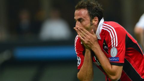 AC Milan's forward Giampaolo Pazzini reacts during the Champions league football match between AC Milan and Anderlecht on September 18, 2012  at the at San Siro Stadium in Milan. AFP PHOTO / GIUSEPPE CACACE        (Photo credit should read GIUSEPPE CACACE/AFP/GettyImages)