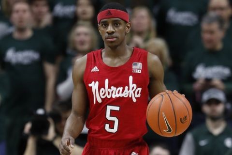 Nebraska guard Glynn Watson Jr. brings the ball up court during the first half of an NCAA college basketball game against Michigan State, Tuesday, March 5, 2019, in East Lansing, Mich. (AP Photo/Carlos Osorio)