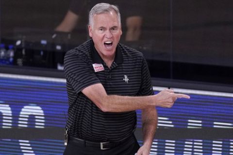 Houston Rockets' Mike D'Antoni yells toward court during the first half of an NBA conference semifinal playoff basketball game against the Los Angeles Lakers Thursday, Sept. 10, 2020, in Lake Buena Vista, Fla. (AP Photo/Mark J. Terrill)