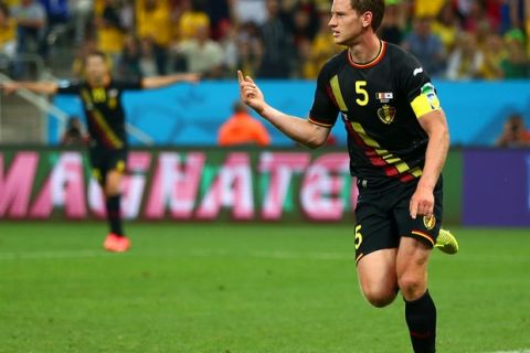 SAO PAULO, BRAZIL - JUNE 26:  Jan Vertonghen of Belgium celebrates scoring his team's first goal during the 2014 FIFA World Cup Brazil Group H match between South Korea and Belgium at Arena de Sao Paulo on June 26, 2014 in Sao Paulo, Brazil.  (Photo by Clive Brunskill/Getty Images)