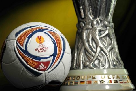 24 August 2011; A general view of the UEFA Europa League trophy and football. 2011 UEFA Super Cup, Gimaldi Forum, Monaco. Picture credit: Paul Mohan / SPORTSFILE