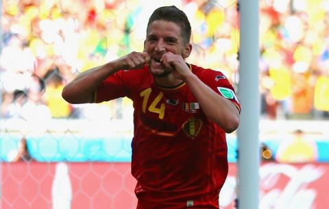 BELO HORIZONTE, BRAZIL - JUNE 17: Dries Mertens of Belgium celebrates scoring his team's second goal during the 2014 FIFA World Cup Brazil Group H match between Belgium and Algeria at Estadio Mineirao on June 17, 2014 in Belo Horizonte, Brazil.  (Photo by Jeff Gross/Getty Images)