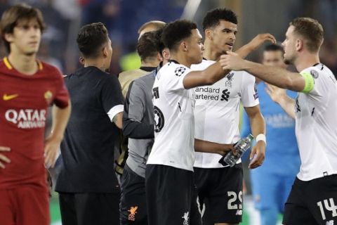 Liverpool players celebrate after the Champions League semifinal second leg soccer match between Roma and Liverpool at the Olympic Stadium in Rome, Wednesday, May 2, 2018. (AP Photo/Andrew Medichini)