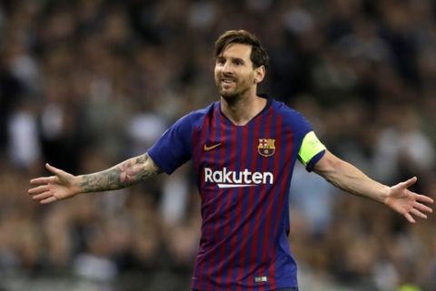 Barcelona forward Lionel Messi reacts during the Champions League Group B soccer match between Tottenham Hotspur and Barcelona at Wembley Stadium in London, Wednesday, Oct. 3, 2018. (AP Photo/Kirsty Wigglesworth)