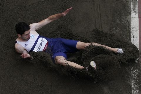 Miltiadis Tentoglou, of Greece, competes during the finals of the men's long jump at the 2020 Summer Olympics, Monday, Aug. 2, 2021, in Tokyo. (AP Photo/Morry Gash)