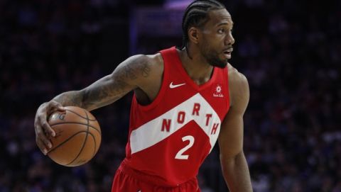 Toronto Raptors' Kawhi Leonard in action during the second half of Game 6 of a second-round NBA basketball playoff series against the Philadelphia 76ers, Thursday, May 9, 2019, in Philadelphia. 76ers won 112-101. (AP Photo/Chris Szagola)