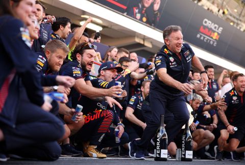 BARCELONA, SPAIN - JUNE 04: Race winner Max Verstappen of the Netherlands and Oracle Red Bull Racing and the Red Bull Racing team celebrate after the F1 Grand Prix of Spain at Circuit de Barcelona-Catalunya on June 04, 2023 in Barcelona, Spain. (Photo by Adam Pretty/Getty Images)