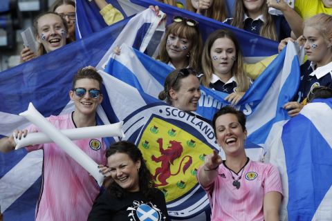 Fans hold Scotland flags at the stand prior the Women's World Cup Group D soccer match between Scotland and Argentina at Parc des Princes in Paris, France, Wednesday, June 19, 2019. (AP Photo/Alessandra Tarantino)