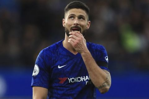 Chelsea's Olivier Giroud during the English Premier League soccer match between Chelsea and West Ham at Stamford Bridge Stadium in London, England, in London, England, Saturday, Nov. 30, 2019. (AP Photo/Leila Coker)