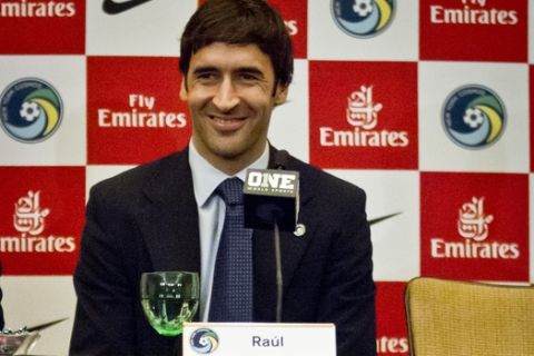 Former Spanish national soccer team captain and former Real Madrid star Raul Gonzalez Blanco listens during a press conference, where he was introduced as the newest member of the New York Cosmos, Tuesday Dec. 9, 2014 in New York.  (AP Photo/Bebeto Matthews)