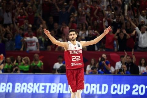 Turkey's Furkan Korkmaz reacts during their Eurobasket European Basketball Championship round of 16 match against Spain, in Istanbul, Sunday, Sept. 10. 2017. (AP Photo/Lefteris Pitarakis)