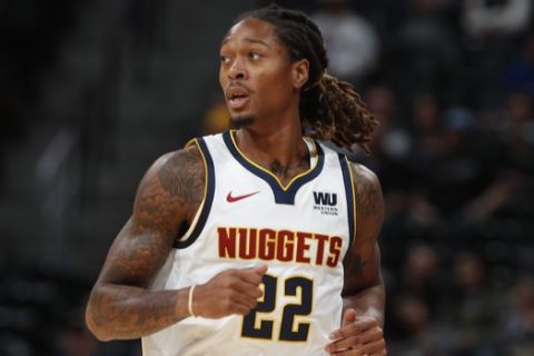 Denver Nuggets forward Emanuel Terry (22) in the second half of an NBA preseason basketball game Friday, Oct. 5, 2018, in Denver. The Nuggets won 96-88. (AP Photo/David Zalubowski)