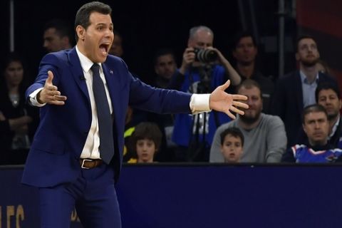 Moscow's coach Dimitris Itoudis reacts during their Final Four Euroleague final basketball match between Anadolu Efes Istanbul and CSKA Moscow at the Fernando Buesa Arena in Vitoria, Spain, Sunday, May 19, 2019. (AP Photo/Alvaro Barrientos)