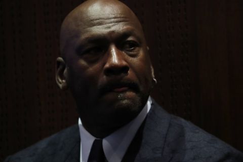 NBA Legend and Charlotte Hornets Team owner, Michael Jordan attends a press conference Thursday, Jan. 23, 2020 in Paris. The Charlotte Hornets will play the Milwaukee Bucks Friday in a NBA match. (AP Photo/Christophe Ena)