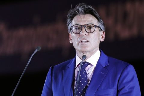 IAAF President Sebastian Coe speaks during the opening ceremony for the World Athletics Championships on the Corniche in Doha, Qatar, Friday, Sept. 27, 2019. (AP Photo/Hassan Ammar)