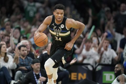 Milwaukee Bucks forward Giannis Antetokounmpo (34) during the first half of Game 7 of an NBA basketball Eastern Conference semifinals playoff series against the Boston Celtics, Sunday, May 15, 2022, in Boston. (AP Photo/Steven Senne)