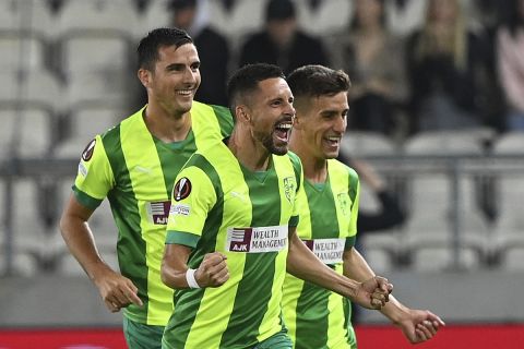 Οι παίκτες της ΑΕΚ Λάρνακας πανηγυρίζουν γκολ που σημείωσαν κόντρα στην Ντινάμο Κιέβου για τη φάση των ομίλων του Europa League 2022-2023 στο "Μάρσαλεκ Πιλσούντσκι", Κρακοβία | Πέμπτη 15 Σεπτεμβρίου 2022