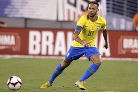 Brazil forward Neymar in action against the United States during the second half of an international soccer friendly match, Friday, Sept. 7, 2018, in East Rutherford, N.J. Brazil won 2-0. (AP Photo/Julio Cortez)