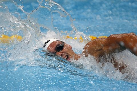 Greece's Andreas Vazaios competes in a men's 200-meter individual medley heat during the swimming competitions of the World Aquatics Championships in Budapest, Hungary, Wednesday, July 26, 2017. (AP Photo/Darko Bandic)