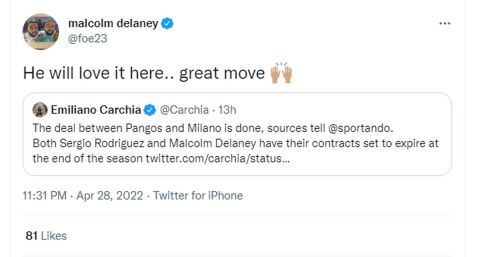 Το tweet του Μάλκολμ Ντιλέινι για την μεταγραφή του Πάνγκος