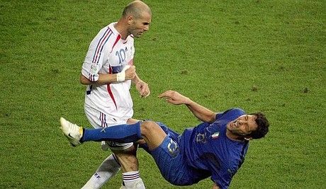FILES - A photo taken 09 July 2006 shows French midfielder Zinedine Zidane (L) gesturing after head-butting Italian defender Marco Materazzi during the World Cup 2006 final football match between Italy and France at Berlins Olympic Stadium. Materazzi said in an interview in German sports magazine "Sports Bild" published 01August 2007 that he has tried several times to arrange a meeting with Zinedine Zidane, but the Frenchman who head-butted him in the 2006 World Cup final has always refused to meet him. AFP PHOTO  JOHN MACDOUGALL
