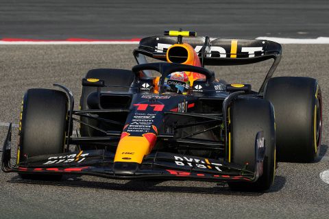 Red Bull driver Sergio Perez of Mexico steers his car during a Formula One pre season test at the Bahrain International Circuit in Sakhir, Bahrain, Saturday, Feb. 25, 2023.(AP Photo/Frank Augstein)
