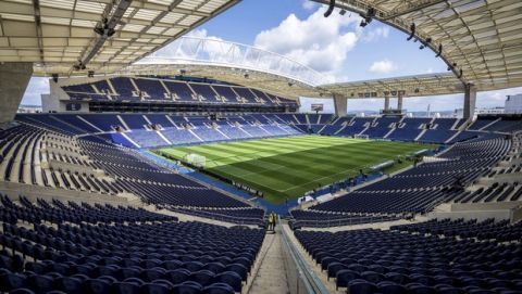 A general view of the Dragao stadium in Porto, Portugal, Tuesday, June 4, 2019. Switzerland will face Portugal Wednesday in a UEFA Nations League semifinal soccer match in Porto. (AP Photo/Luis Vieira)
