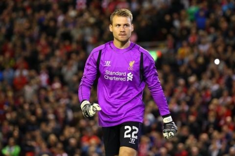 LIVERPOOL, ENGLAND - SEPTEMBER 23:  Simon Mignolet of Liverpool during the Capital One Cup Third Round match between Liverpool and Middlesbrough at Anfield on September 23, 2014 in Liverpool, England.  (Photo by Alex Livesey/Getty Images)