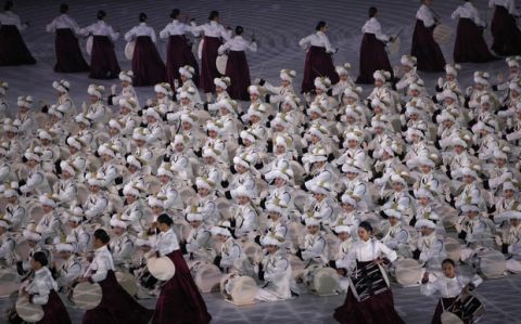 Drummers perform during the opening ceremony of the 2018 Winter Olympics in Pyeongchang, South Korea, Friday, Feb. 9, 2018. (AP Photo/Christophe Ena)