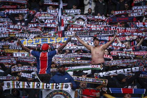 PSG's supporters during the French League One soccer match between Paris Saint-Germain and Reims at the Parc des Princes stadium in Paris, France, Sunday, March 10, 2024. (AP Photo/Aurelien Morissard)
