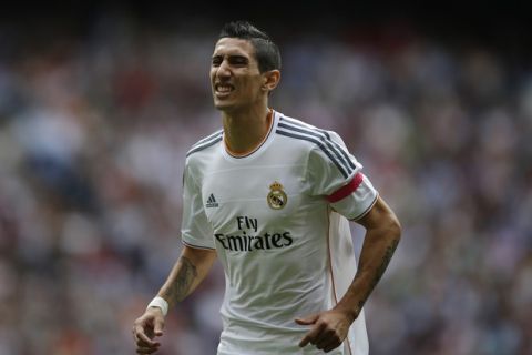 Real Madrid's Angel Di Maria reacts during the Spanish first division soccer match against Malaga at Santiago Bernabeu stadium in Madrid October 19, 2013.REUTERS/Javier Barbancho(SPAIN) 
Picture Supplied by Action Images