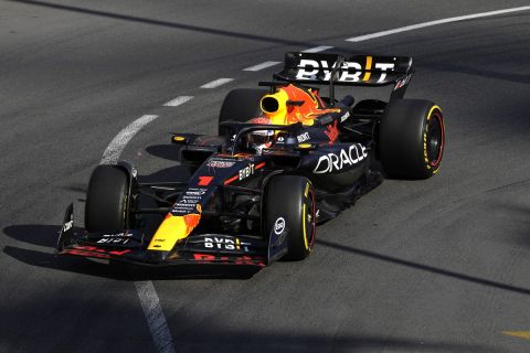 Red Bull driver Max Verstappen of the Netherlands steers his car during the Formula One second practice session at the Monaco racetrack, in Monaco, Friday, May 26, 2023. The Formula One race will be held on Sunday. (AP Photo/Luca Bruno)