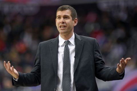 Boston Celtics coach Brad Stevens gestures during the second half of an NBA basketball game against the Washington Wizards, Tuesday, April 10, 2018, in Washington. The Wizards won 113-101. (AP Photo/Nick Wass)