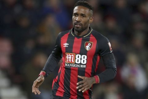 Bournemouth's Jermain Defoe during the round of 16 Football League Cup soccer match between Bournemouth and Norwich City, in Bournemouth, England, Tuesday, Oct. 30, 2018.  (Adam Davy/PA via AP)